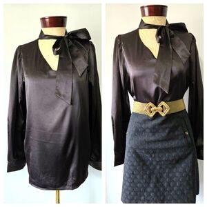Grace Karin NWT Black Satin Blouse with Neck Bow. Size Medium